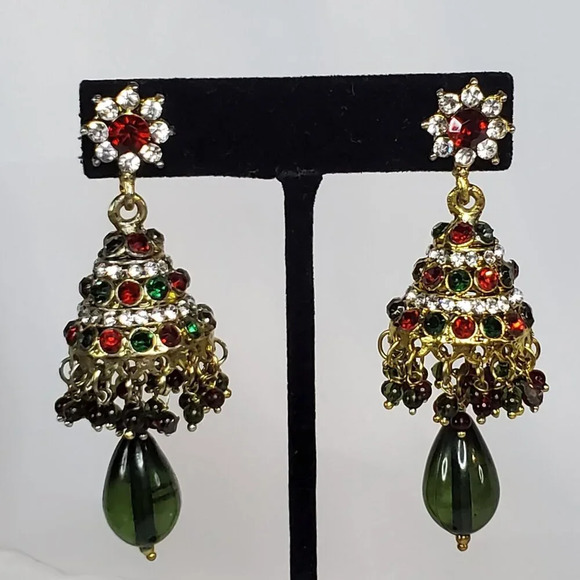 Indian Bollywood Gold-Tone Jhumka Earrings Multicolor Rhinestones & Green Beads - Picture 1 of 10